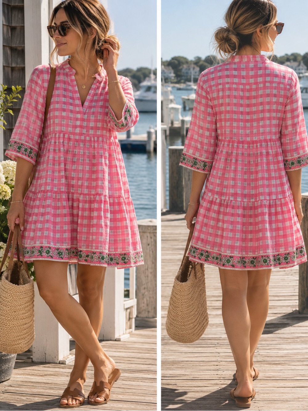 Mary Marshmallow Pink Gingham Tiered Dress with Pockets Hidden roll- L/XL